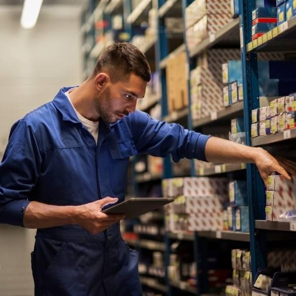 man locating items in warehouse